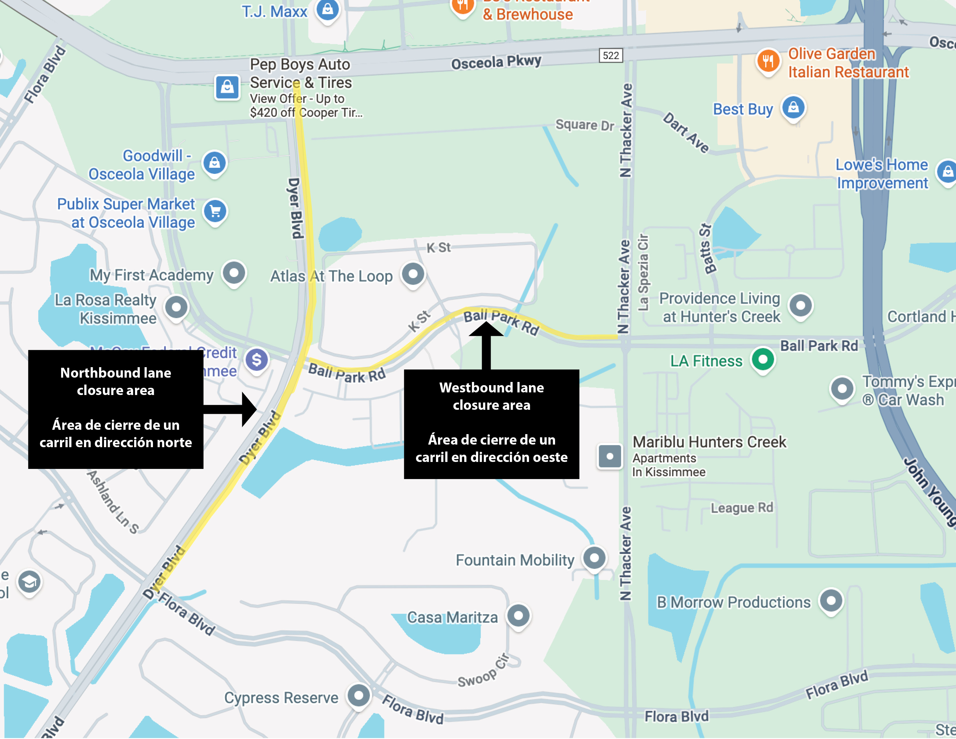 Map shows a Dyer Boulevard northbound lane closure between Flora Boulevard and Osceola Parkway. There is also a Ball Park Road westbound lane closure between Thacker Avenue and Dyer Boulevard.