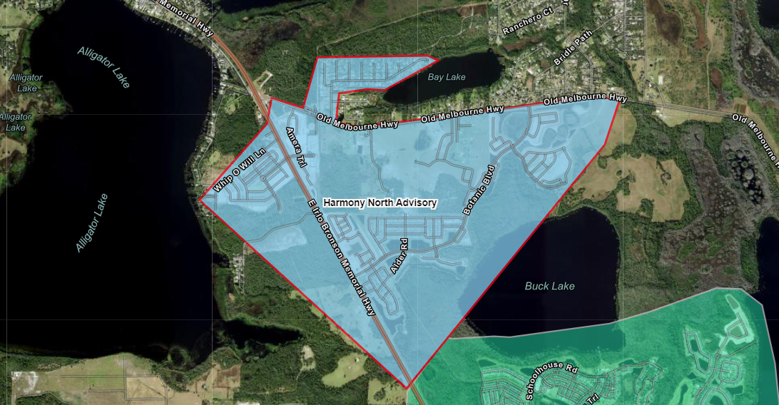 Map of the extended advisory area shaded in blue between whip o will lane, old melbourne highway, and east irlo bronson memorial highway