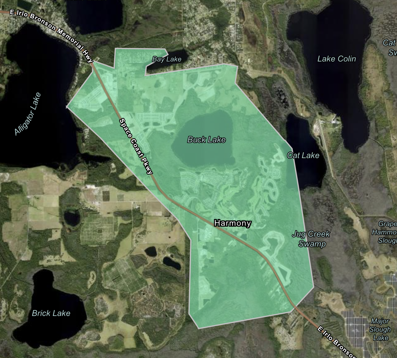 The area highlighted in blue shows the advisory area in the Harmony community.