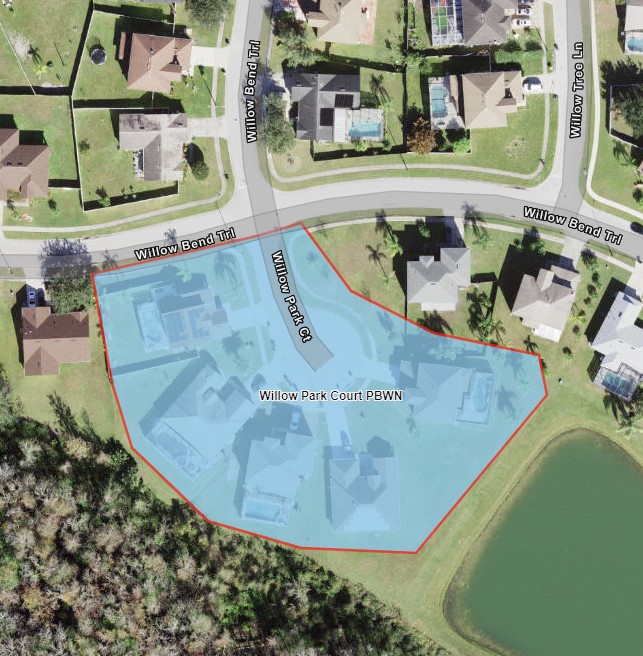 Map shows advisory area highlighted in blue for customers on Willow Park Court in Kissimmee. 
