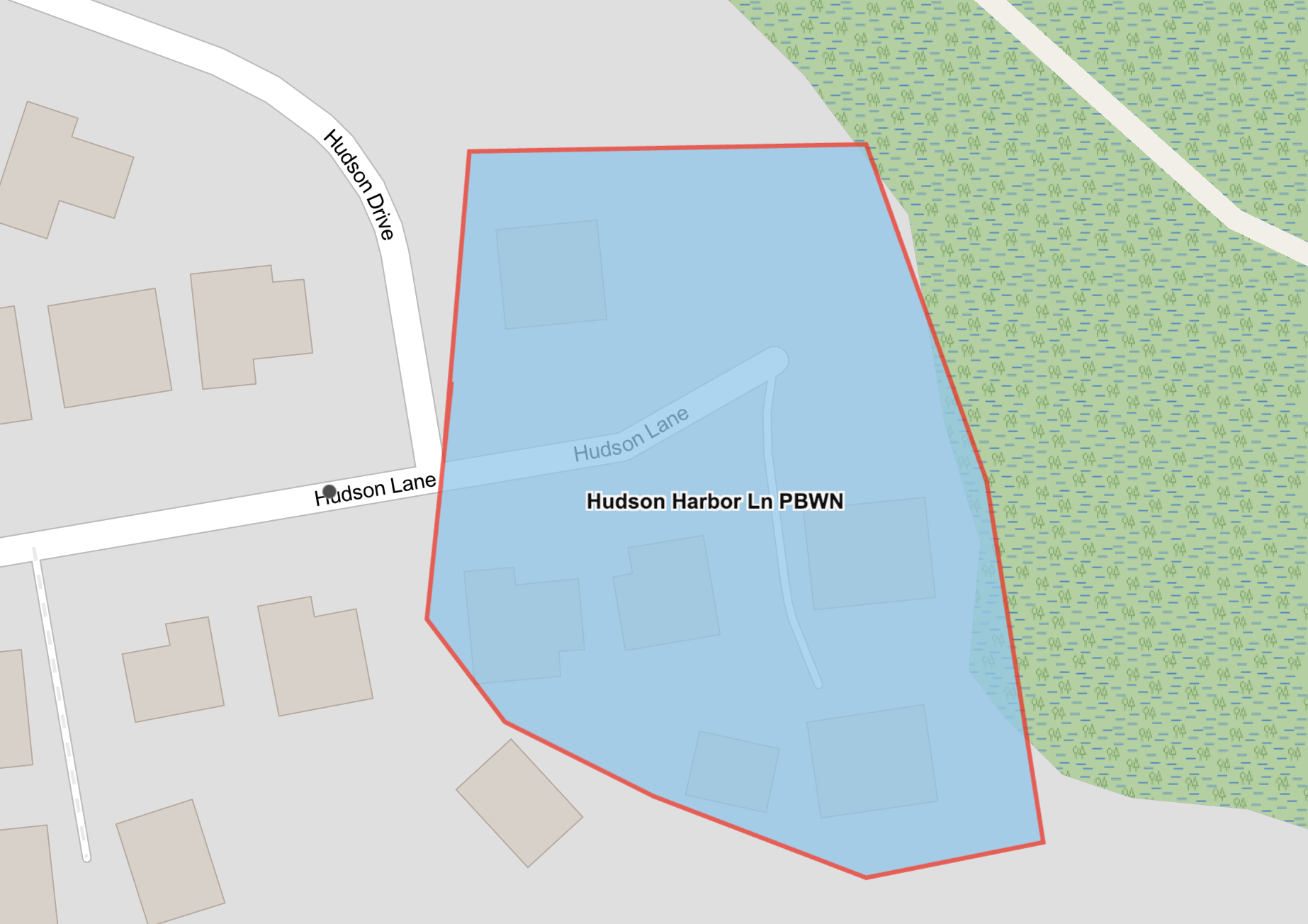 The map shows advisory area highlighted in blue for customers on Hudson Harbor Lane east of Hudson Drive.
