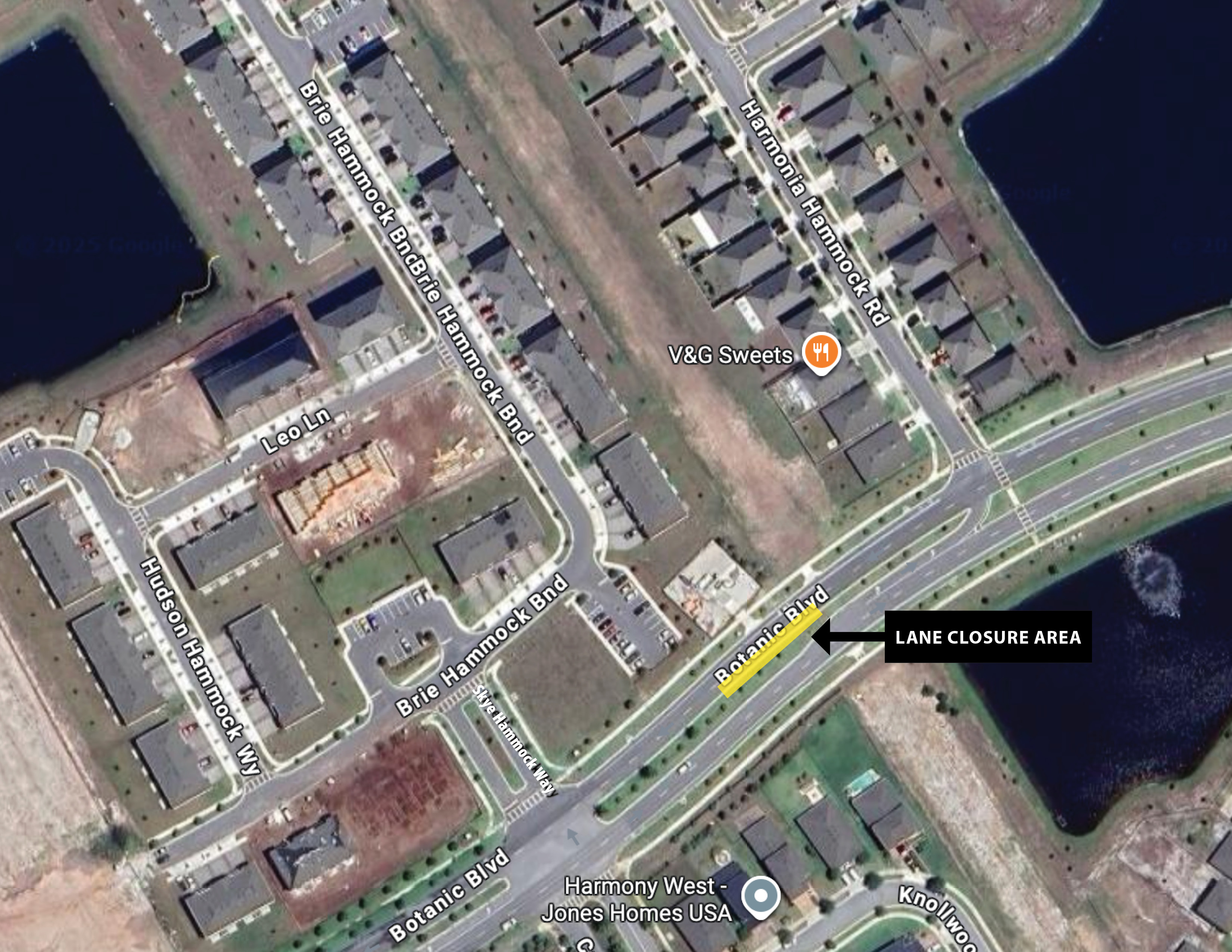 Map shows highlighted in yellow the outside westbound lane closure on Botanic Boulevard between Harmonia Hammock Road and Skye Hammock Way.