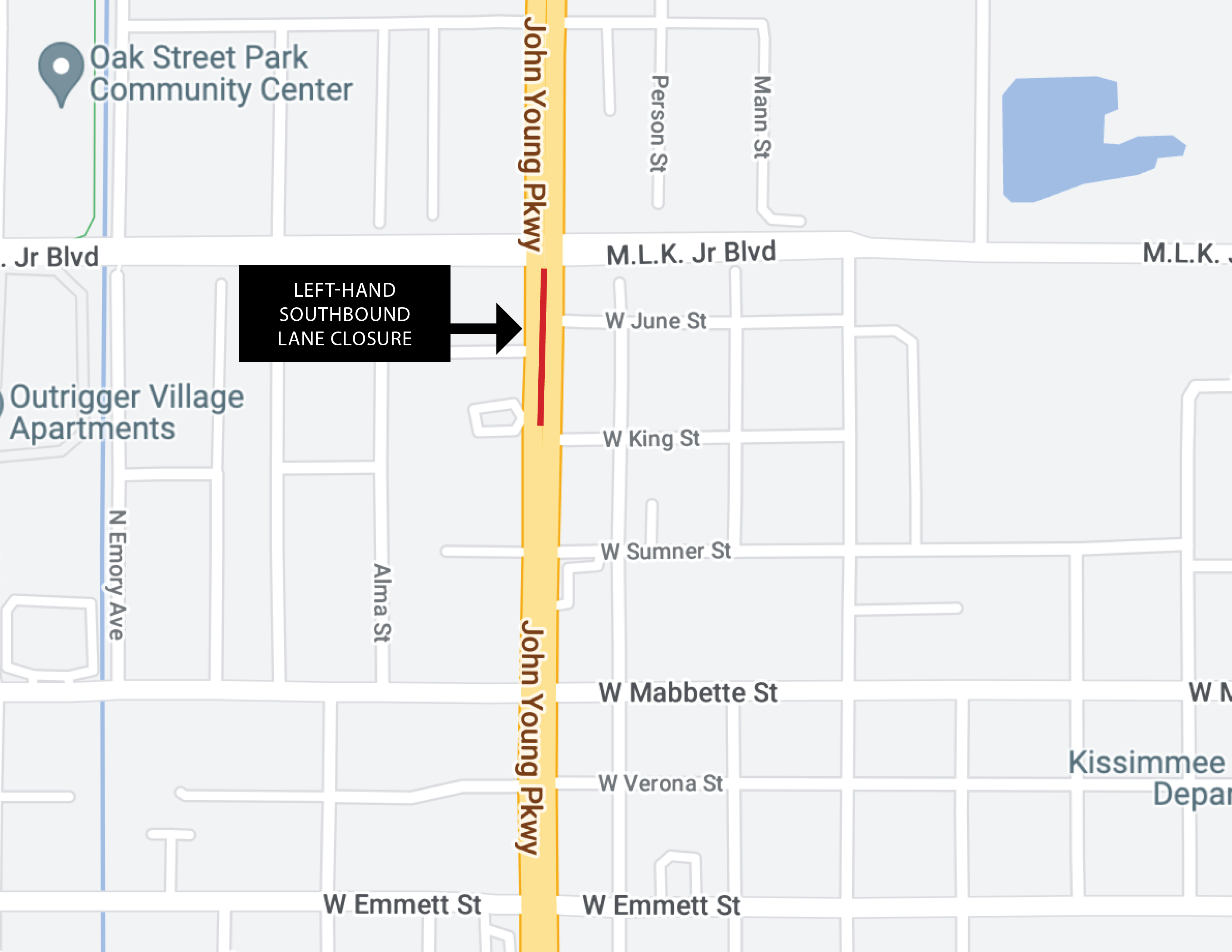 Map shows left-hand southbound lane closure area on John Young Pkwy between MLK Blvd and King St.