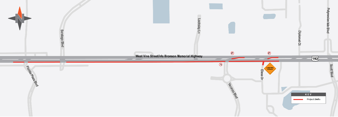 The map shows sidewalk closures near the intersections of Vacanza Boulevard and Elese Drive and West Vine Street westbound left turn lane closures for Elese Drive and Vacanza Boulevard. The U.S. 192 eastbound bike lane between Florida Plaza Boulevard to Scott Boulevard will also be closed from 9 p.m. to 6 a.m.