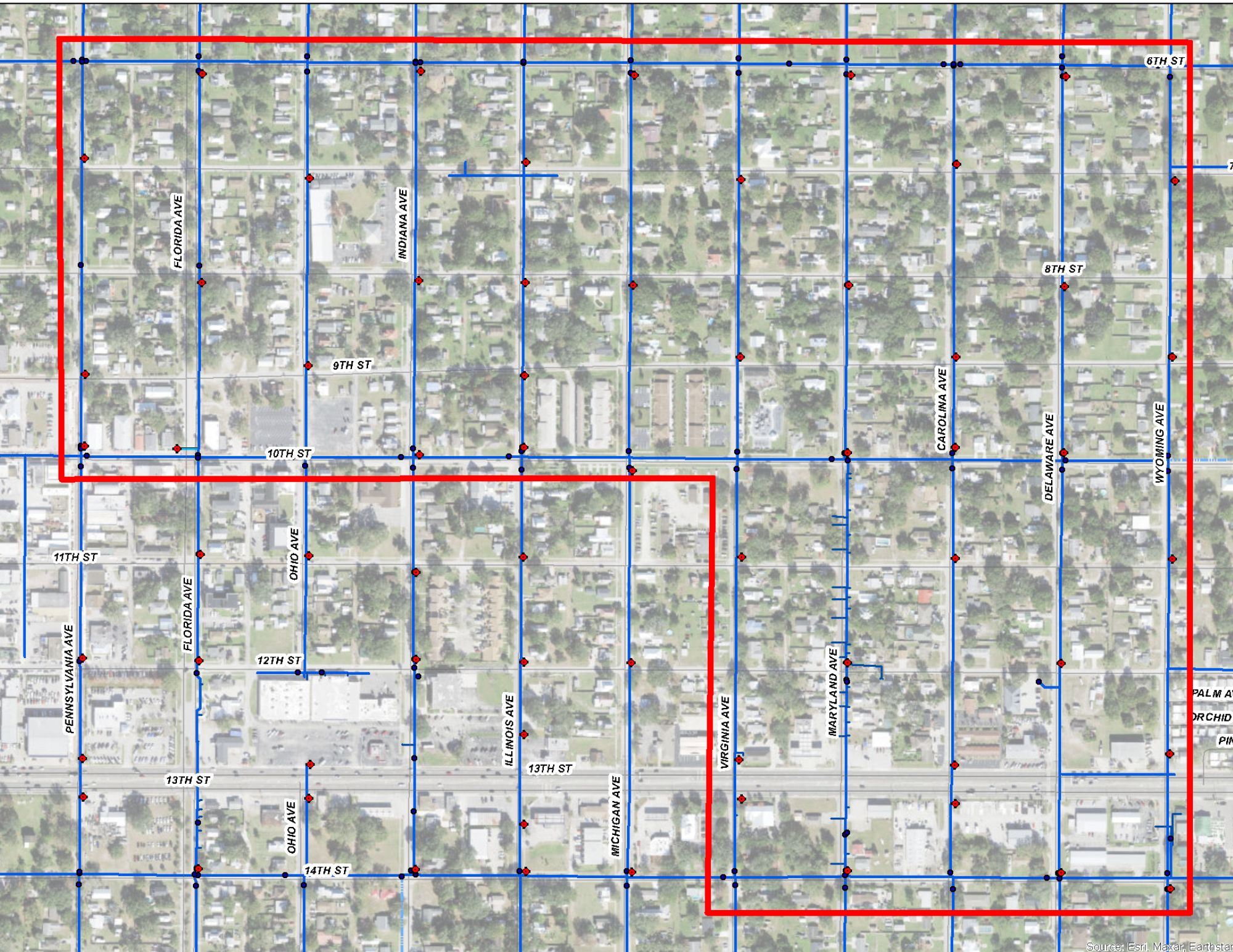 The flushing activities will take place between the boundaries of 6th Street and 14th Street and Pennsylvania Avenue and Wyoming Avenue highlighted in red on the map.