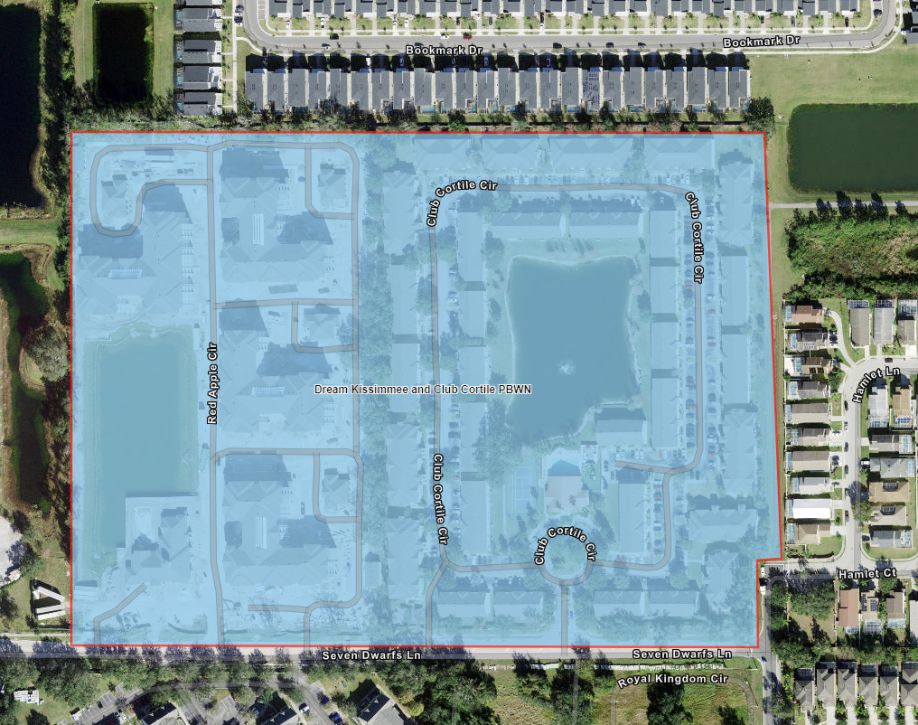 The map shows advisory area highlighted in blue for customers at Dream Kissimmee and Club Cortile.