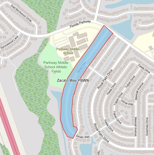 Map shows highlighted in blue advisory area on Zacalo Way between Florida Parkway and Alderwood Drive and at 102 Alderwood Drive. 