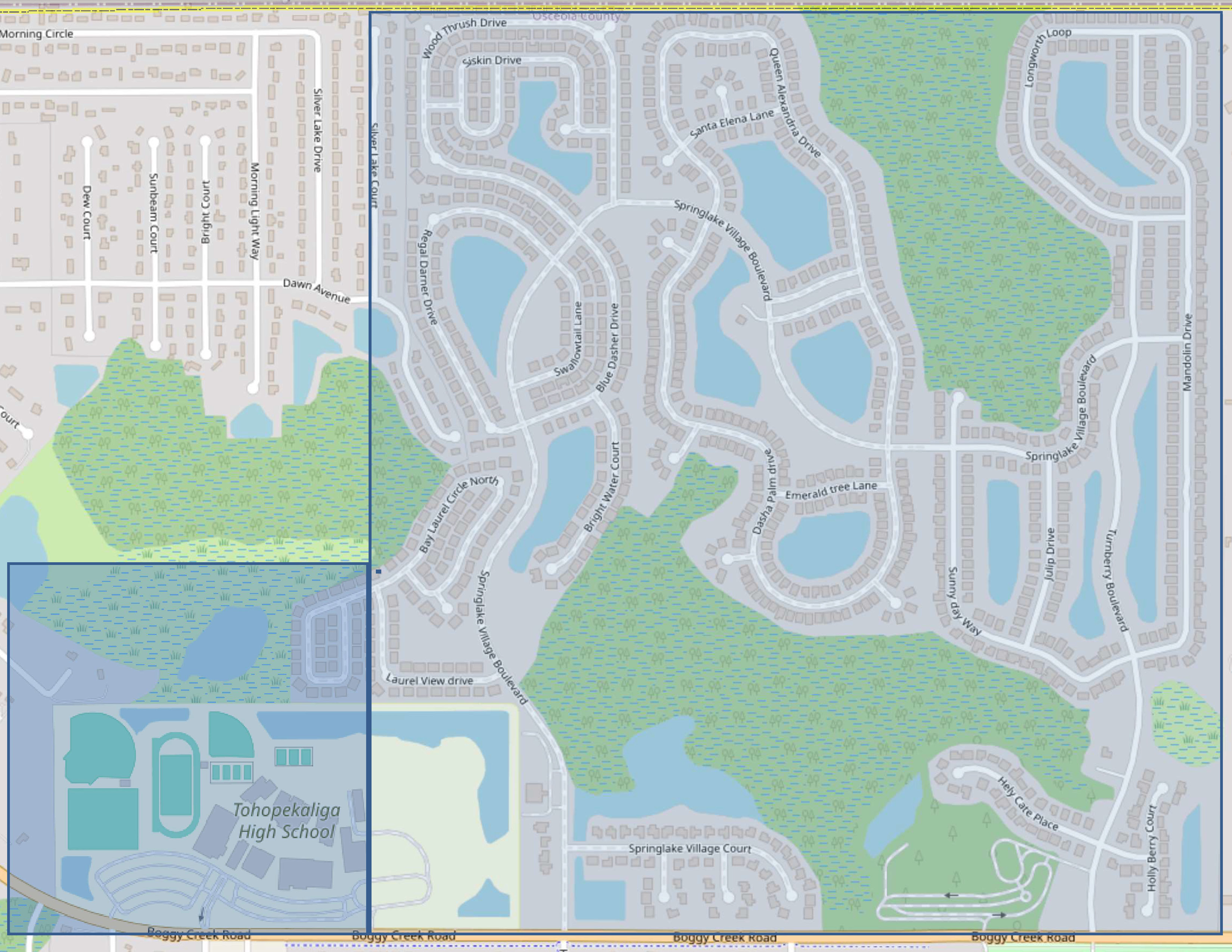 Map shows highlighted in blue the precautionary boil water advisory area for the Springlake Village area.