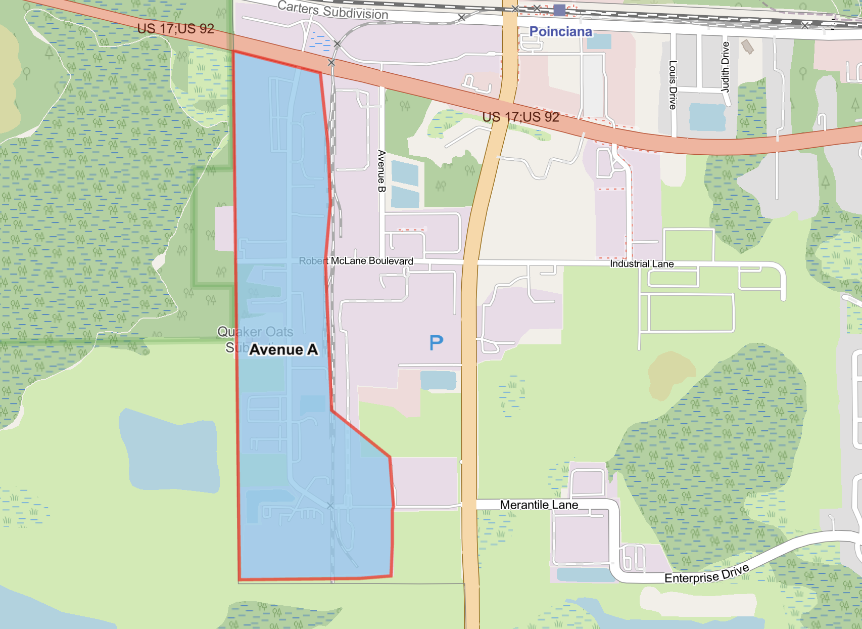 Map shows advisory area for customer located on Avenue A highlighted in blue. 