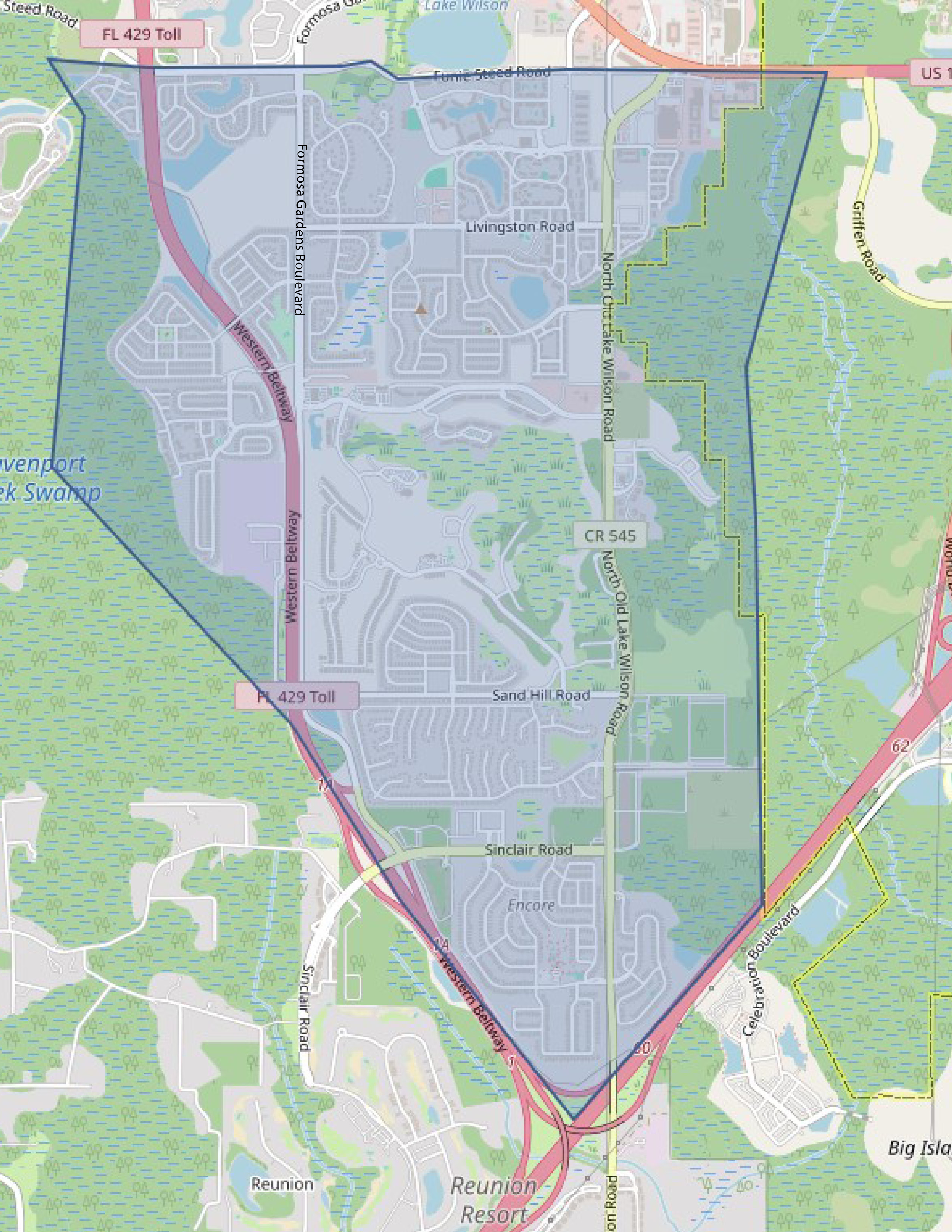 Map shows highlighted in blue the precautionary boil water advisory for the area south of Funie Steed Road for customers located off Formosa Gardens Boulevard and North Old Lake Wilson Road. This also includes customers living off Westgate Boulevard, Entry Point Boulevard, Morgan Williams Road and Connector Road. 