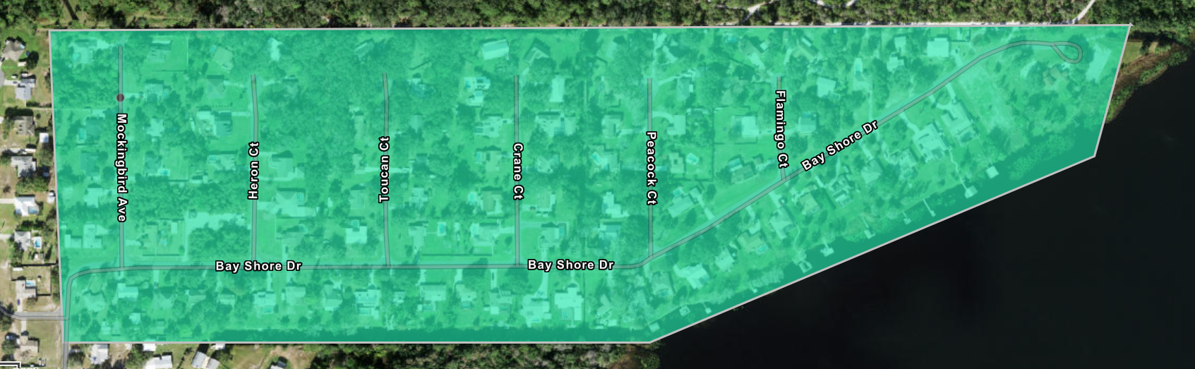 Green shaded area covering mocking bird ave east along bayshore avenue in bay lake estates