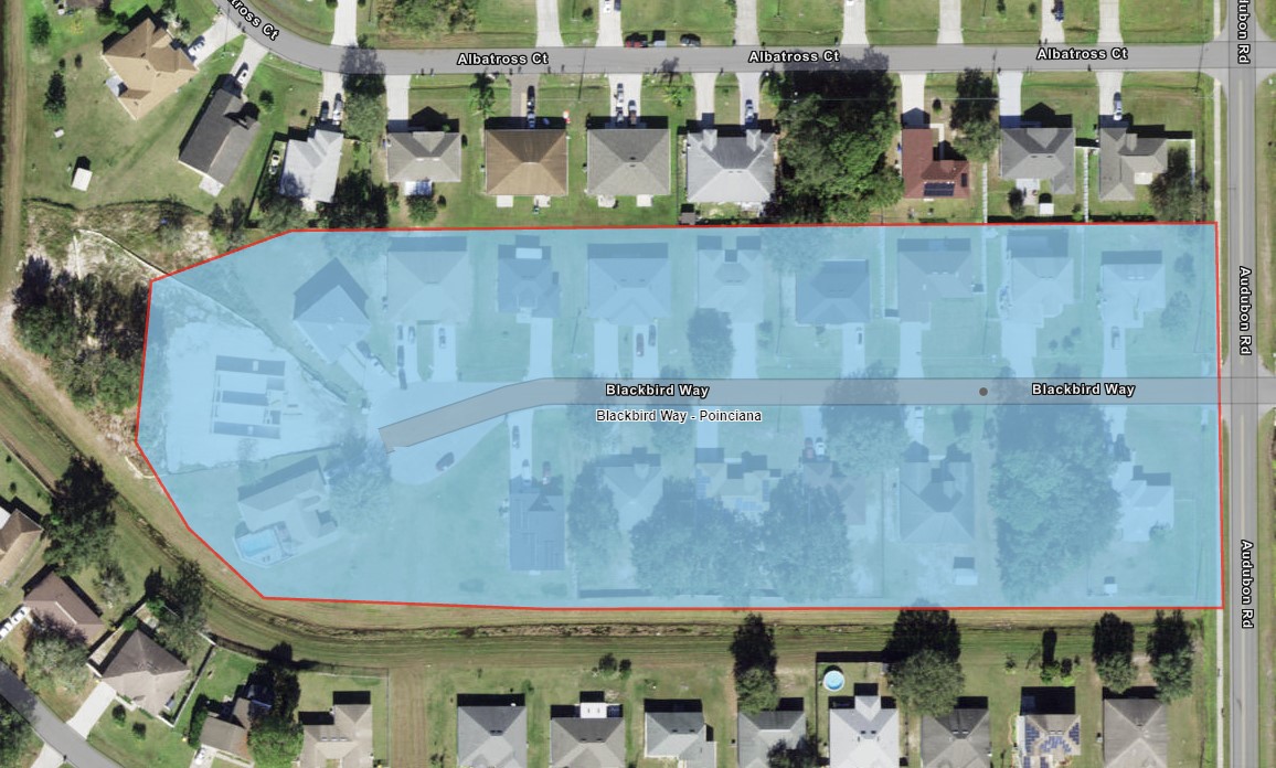 Area highlighted in blue shows the advisory area on Blackbird Way. 