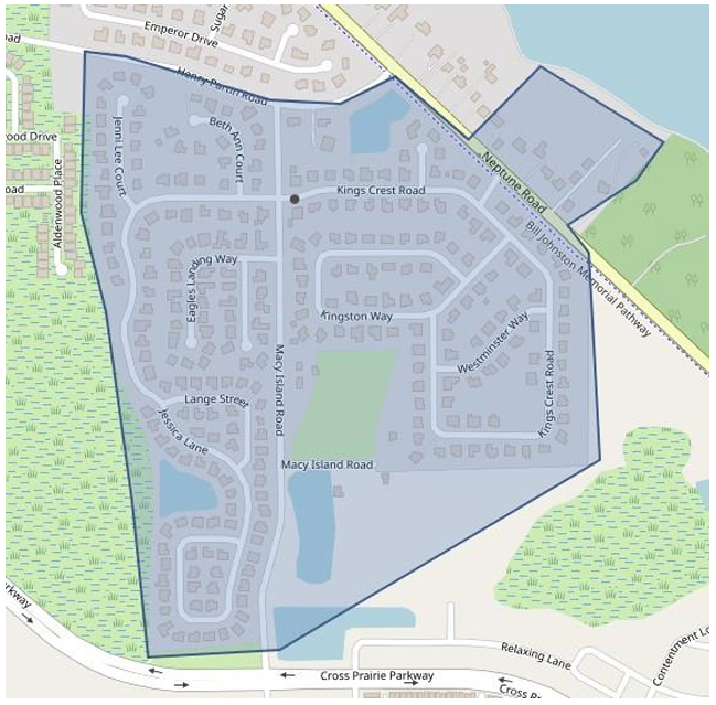 Map showing precautionary boil water area shaded in blue covering Neptune road, Kings Crest Road, Macy Island Road area