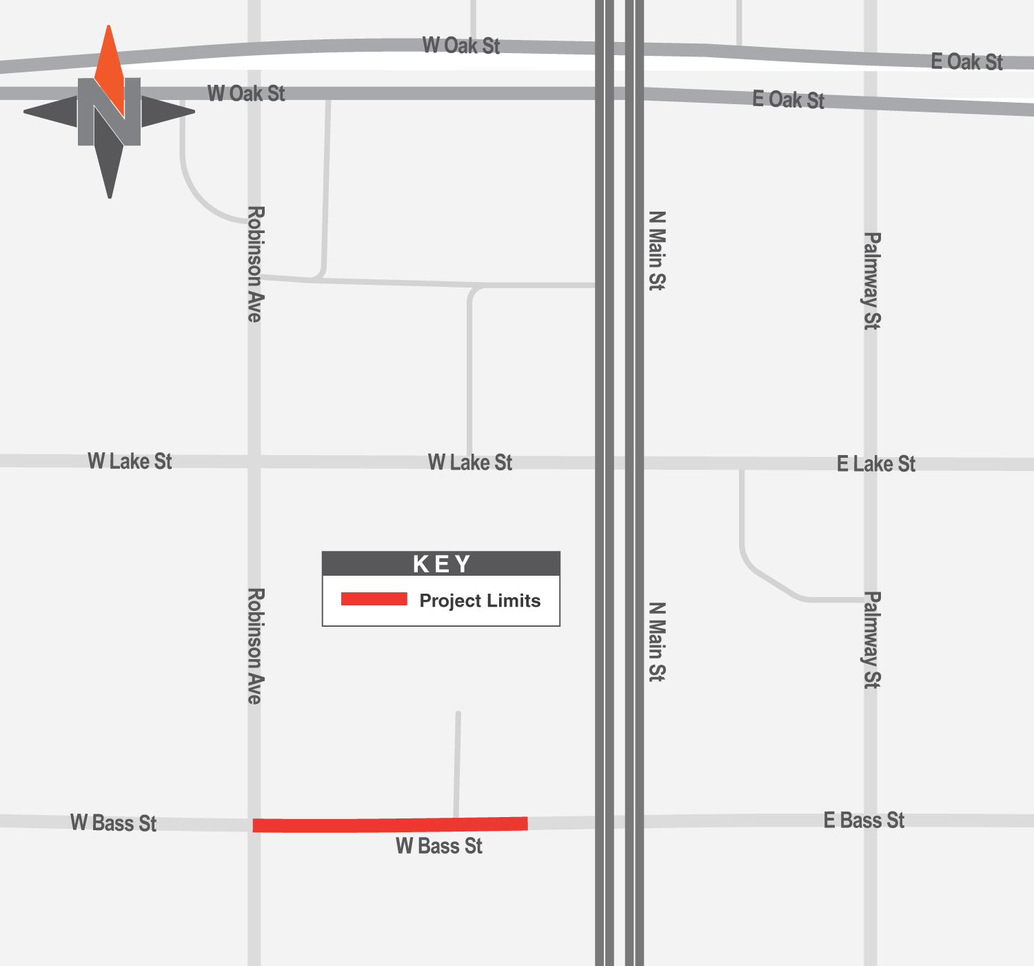 Map shows W. Bass Street closure between Robinson Avenue and N. Main Street for a sewer project.