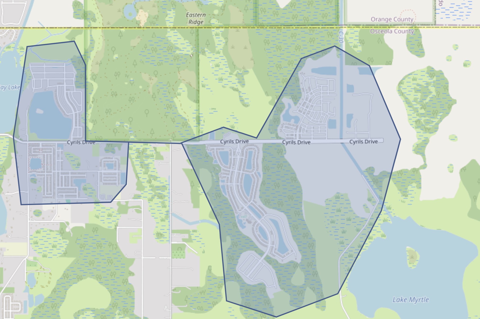 The area in blue shows the advisory area in the Sunbridge community. 