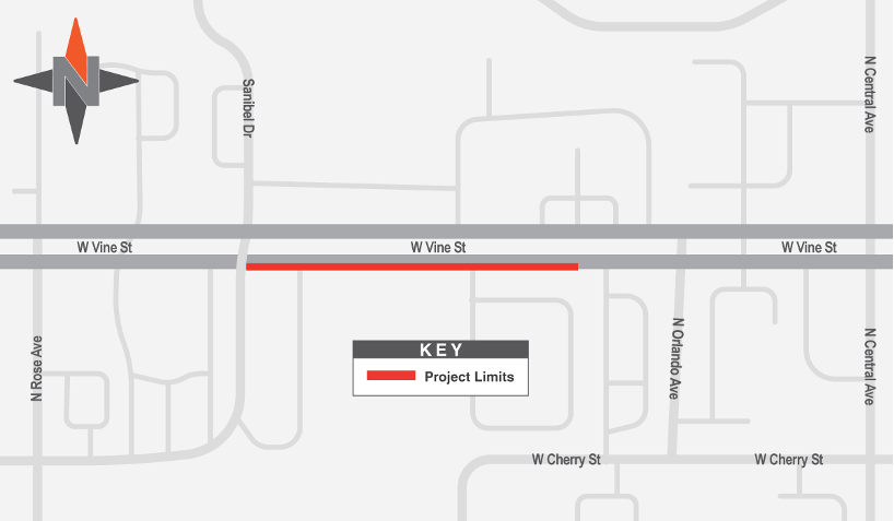 Map shows the closure of the outside, eastbound lane on West Vine Street between Sanibel Drive and North Orlando Avenue.