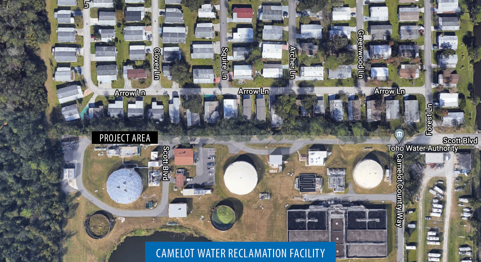 Map shows where work will take place at the Camelot facility. Residents near Arrow Lane may experience noise and odor. 