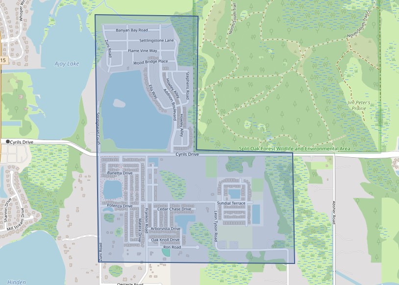 Map displaying the affected area for the precautionary boil water advisory. Homes in the blue shaded area are included off Cyrils Road, Zuni Road, Leon Tyson Road, and Addison Boulevard..