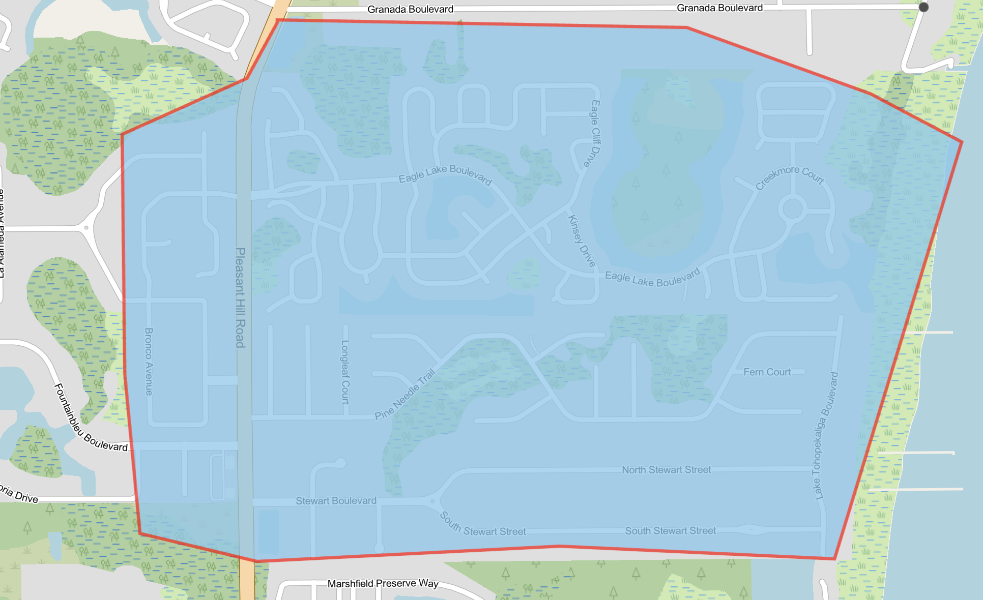 Map shows highlighted in blue the flushing that includes customers living in the Eagle Lake Boulevard, Pine Needle Trail and Stewart Boulevard area. 