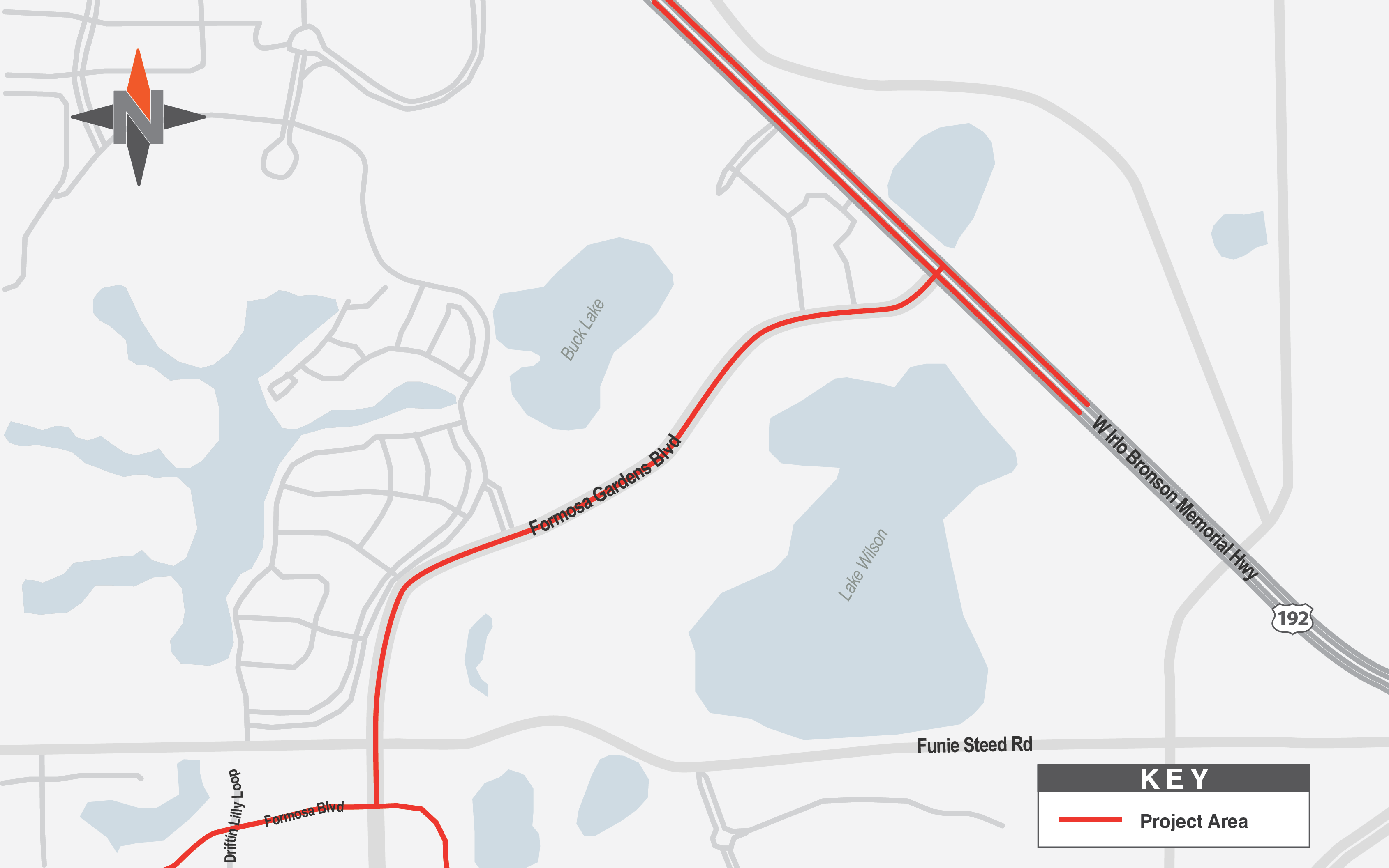 Map shows work areas along US 192, Formosa Gardens Blvd and Formosa Blvd.