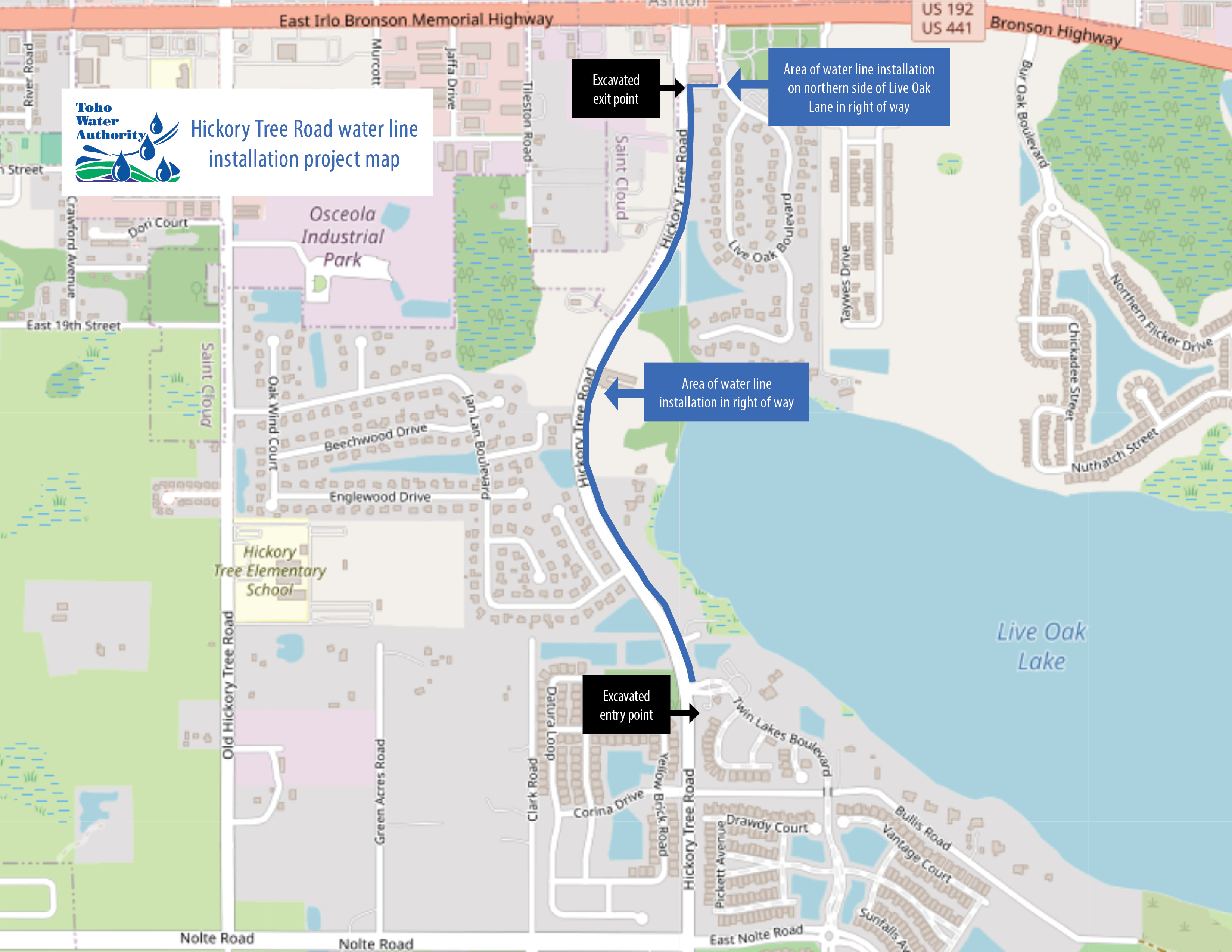 The map shows the Hickory Tree Road water line installation project map highlighting the area of water line installation on the northern side of Live Oak Lane in the right of way and the area of water line installation in the right of way. The map also shows the excavated entry point and the excavated exit point of the project on Hickory Tree Road.
