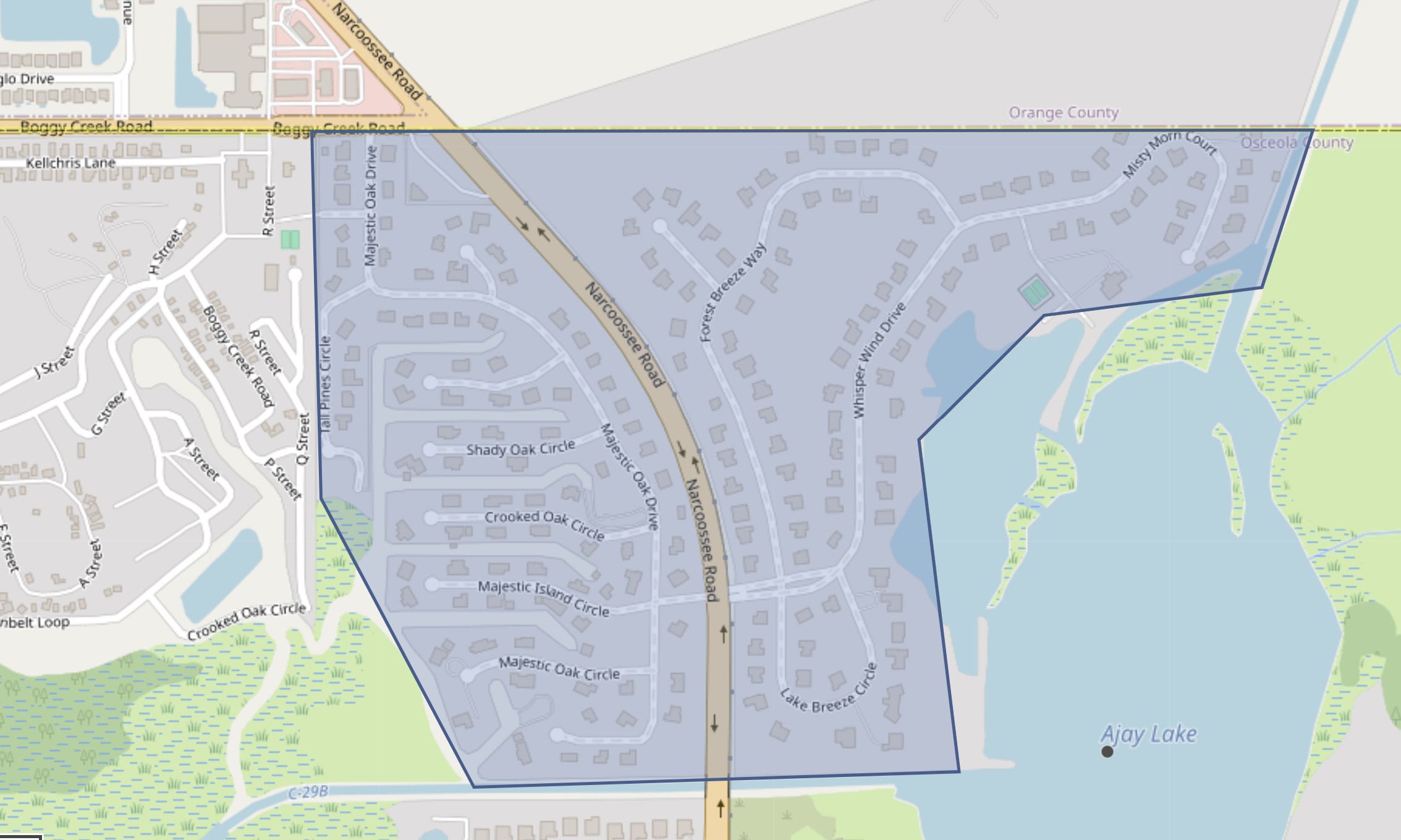 Map shows area affected in the Lake Ajay and Oak Hammock Preserve communities. 