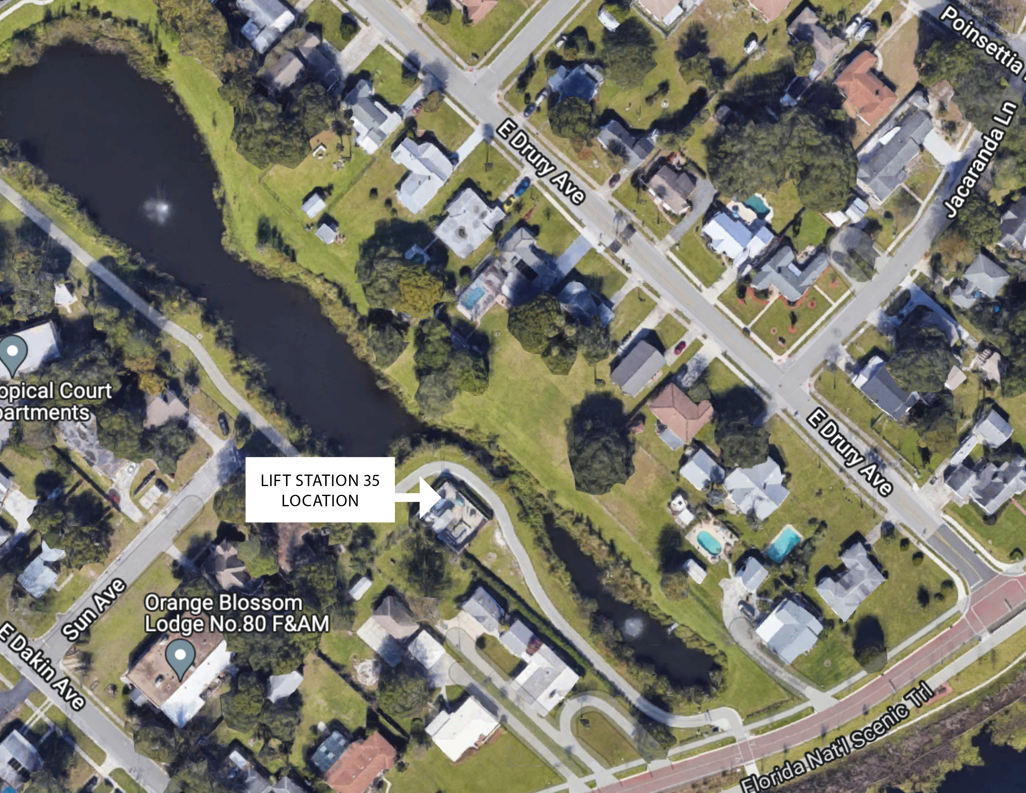 Map shows location of lift station 35 near Sun Ave.