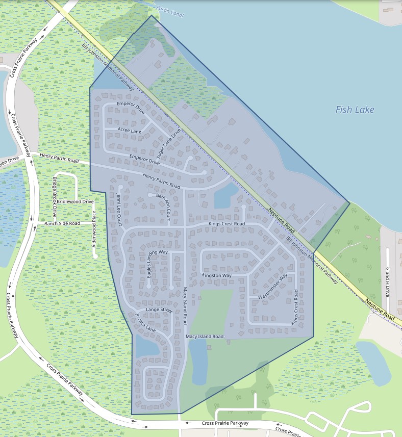 The map shows the advisory area highlighted in blue which includes customers located off Sugar Cane Drive, Henry Partin Road, Kings Crest Road and Macy Island Road. 