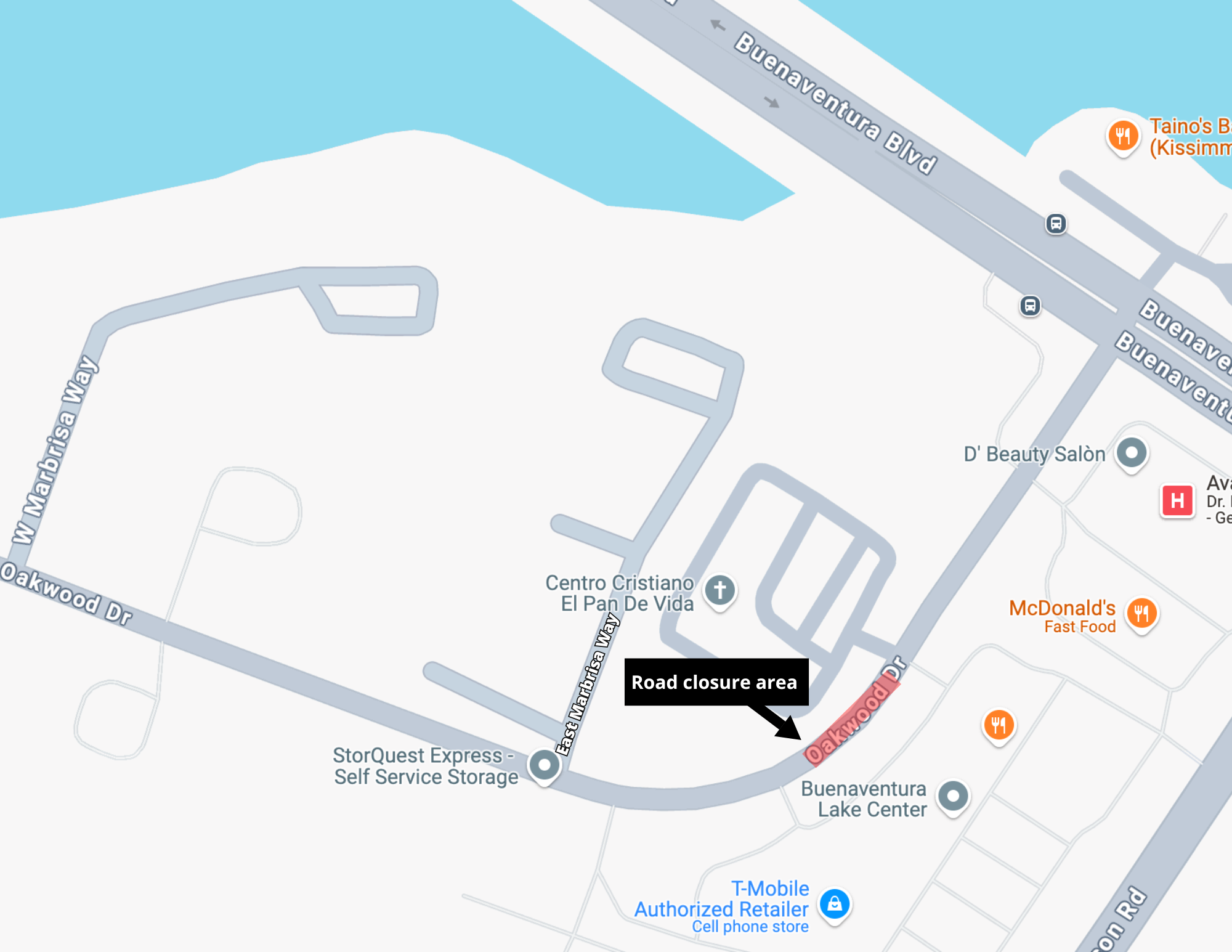 Map shows the road closure area on Oakwood Drive between Buenaventura Boulevard and East Marbrisa Way to safely conduct the repair.  