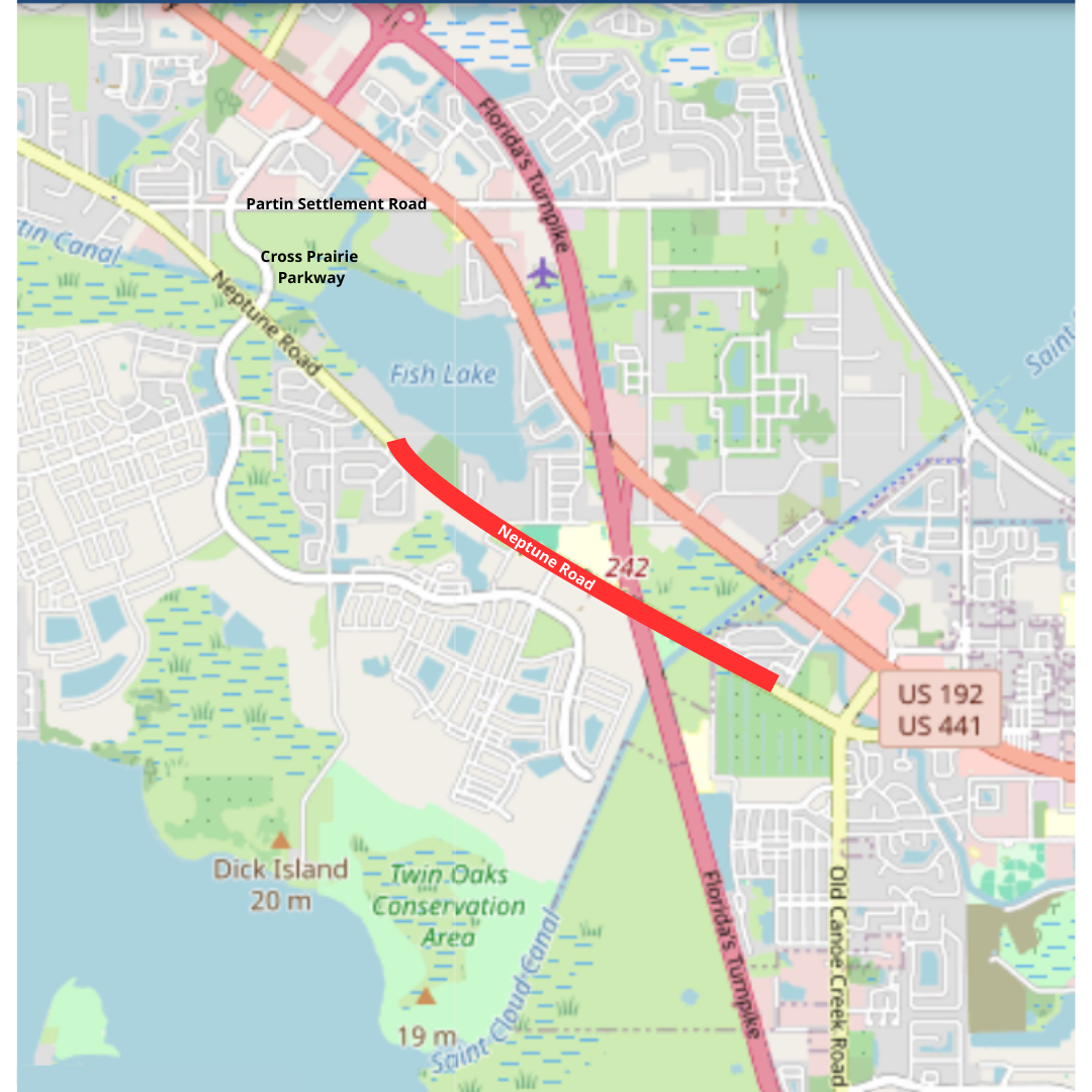 Map highlighting road closure on Neptune Road between Cross Prairie Parkway and Sargant Graham Boulevard