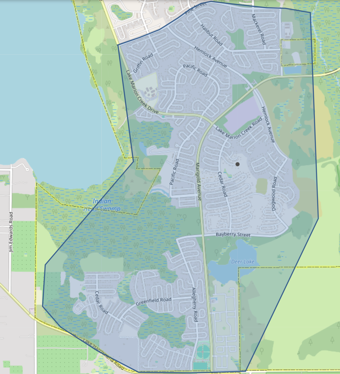 The area highlighted in blue in the map shows the precautionary boil water advisory for customers located in the Lake Marion Creek Drive, Pine Street, Hemlock Avenue and Marigold Avenue area.