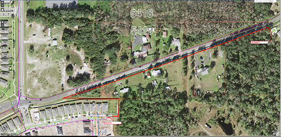 Map showing sewer bypass along the side of Reaves Rd from Big Island Dr going eastward to lift station.