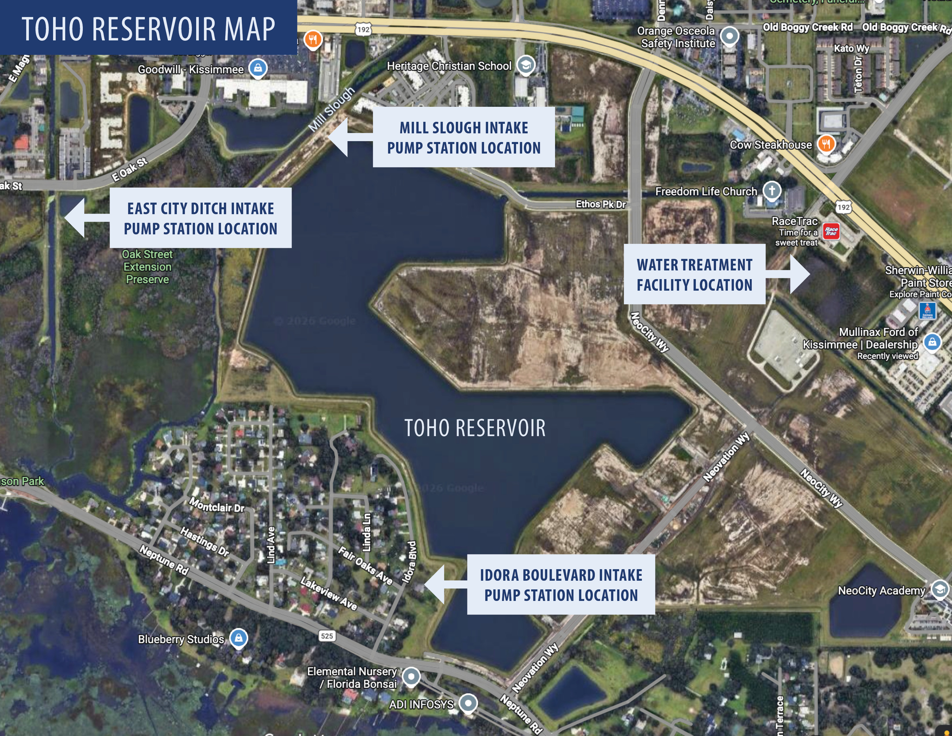Map shows image of the reservoir along with the locations of the water treatment facility and the intake pump stations. The water treatment facility will be located on the southern side of U.S. 192 near Fortune Road. The intake pump stations will be located near Mill Slough, East City Ditch and off Idora Boulevard.. 