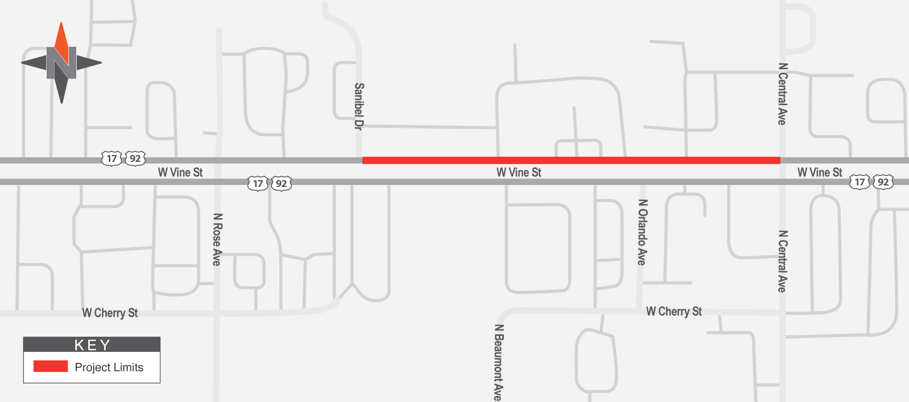 Map shows lane closure on westbound West Vine Street between Sanibel Drive and North Central Avenue.