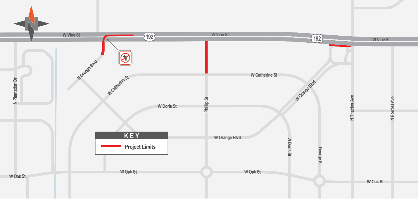 The map shows road and sidewalk closures in the West Vine Street area between North Orange Boulevard and North Thacker Avenue. 