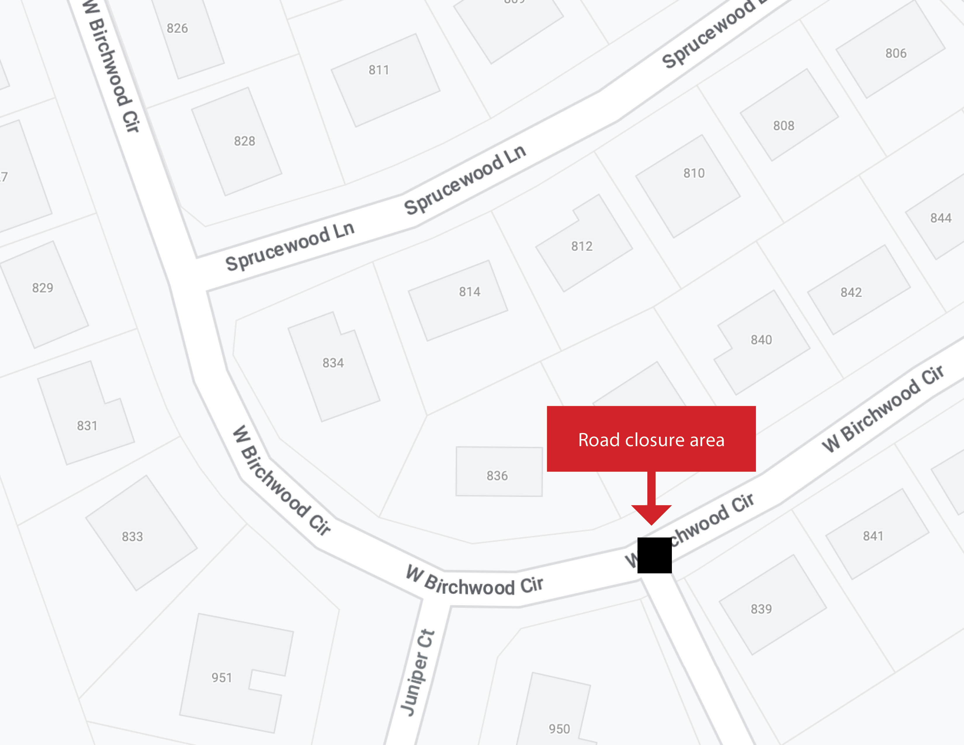 Map shows closure to thru traffic near 839 W Birchwood Circle.