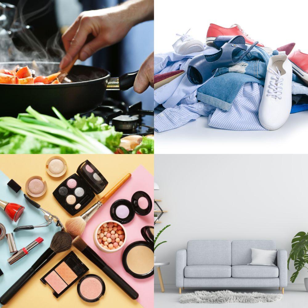 Image of items that may contain PFAS such as cookware, clothing, makeup and furniture.